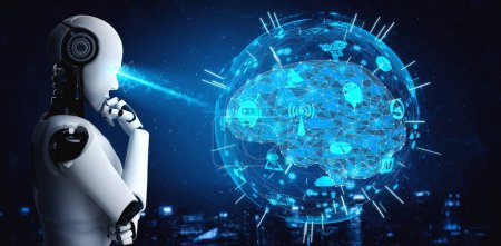 Photo for Thinking AI humanoid robot analyzing hologram screen shows concept of network global communication using artificial intelligence by machine learning process. 3D illustration computer graphic. - Royalty Free Image
